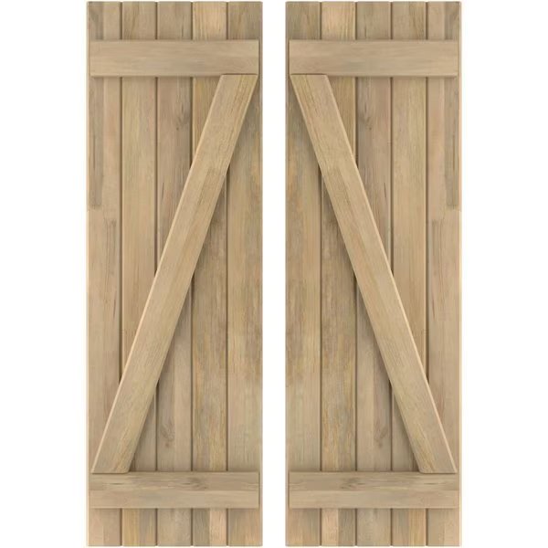 Americraft 5-Board (2 Batten) Wood Joined Board-n-Batten Shutters w/ Z-Bar, ARW102BB518X65UNH, Ekena Millwork, Mfr#: ARW102BB518X65UNH